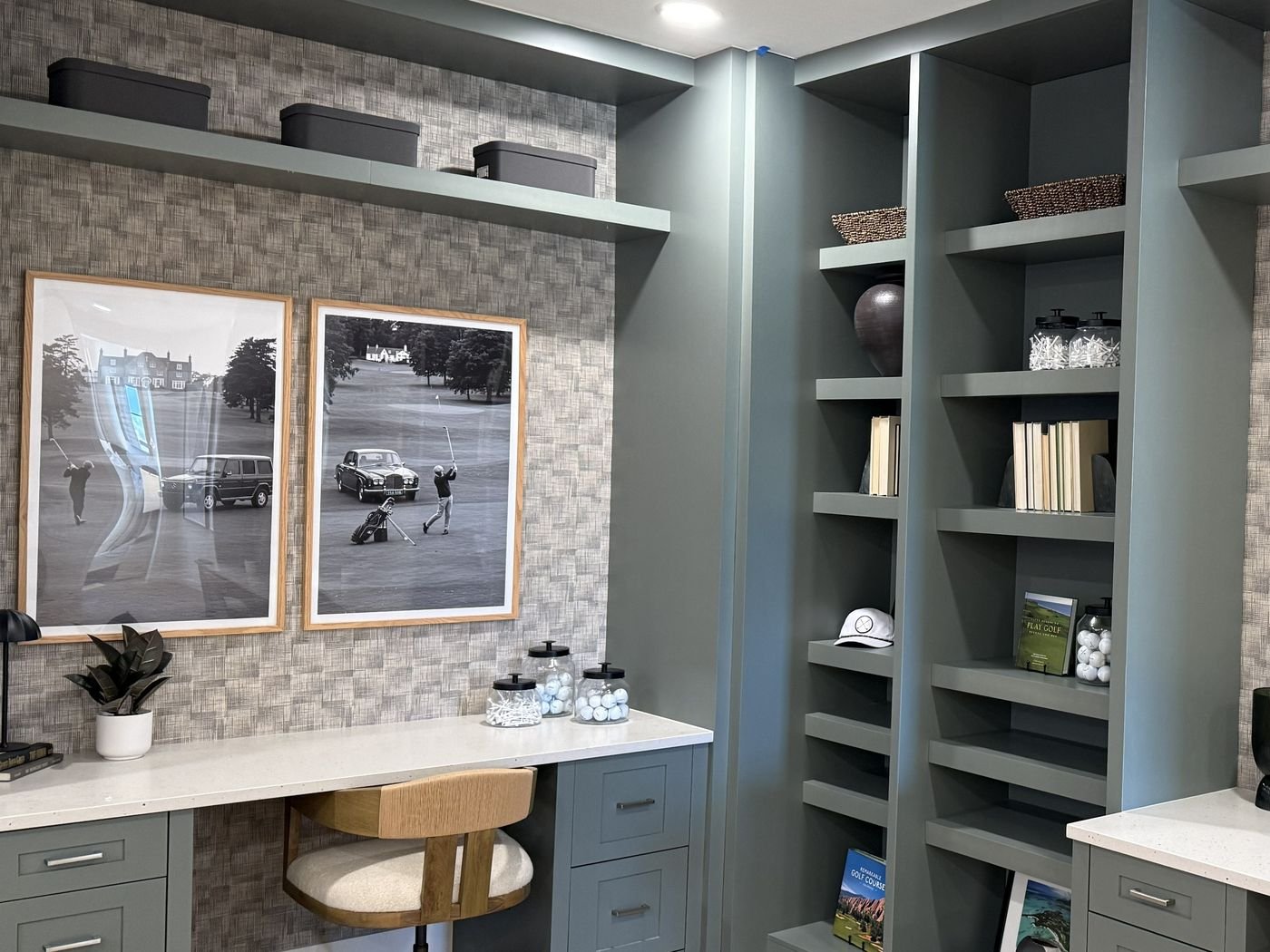 Home office with built-in desk and shelving