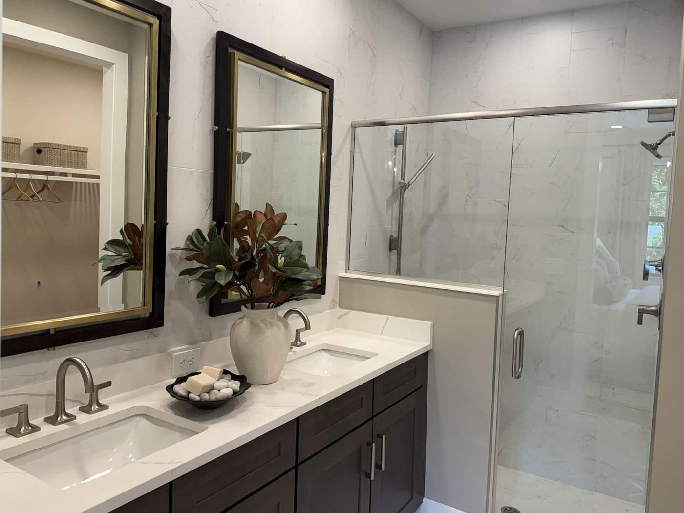 Primary bath with double vanity and walk-in shower